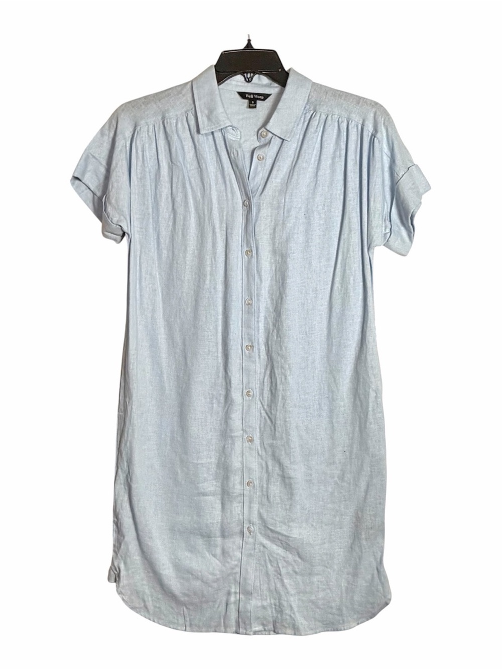 NEW Well Worn Women S Linen Blend Casual Pockets Shirt Dress Blue Short Sleeve